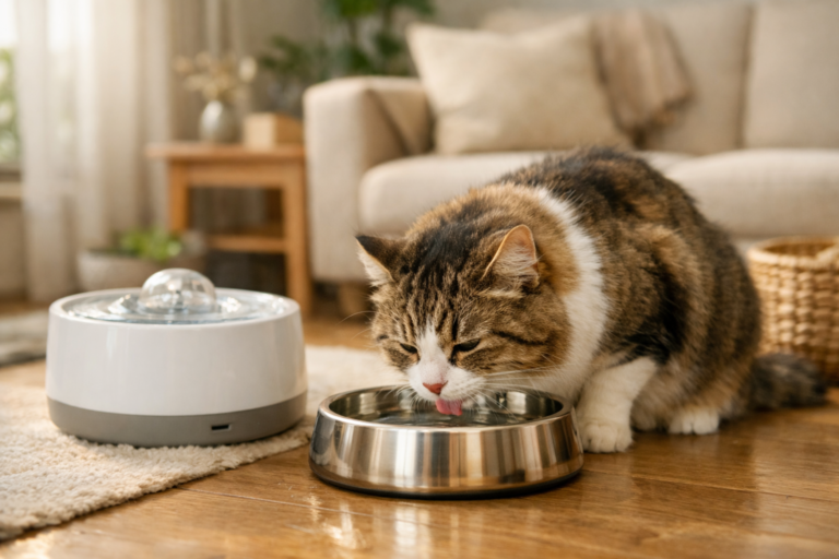 A healthy cat drinking fresh water from a clean stainless steel bowl in a cozy home