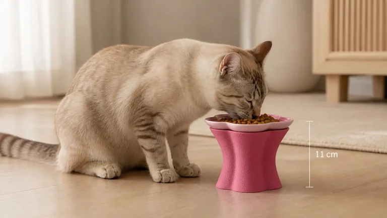 A small cat eating from a wide shallow ceramic bowl on a pink MEJA raised bowl stand, with an 11 cm height marker shown beside the feeder in a warm modern home setting.