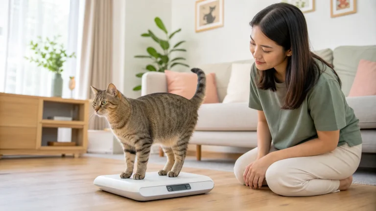 Healthy adult cat standing on a digital pet scale at home